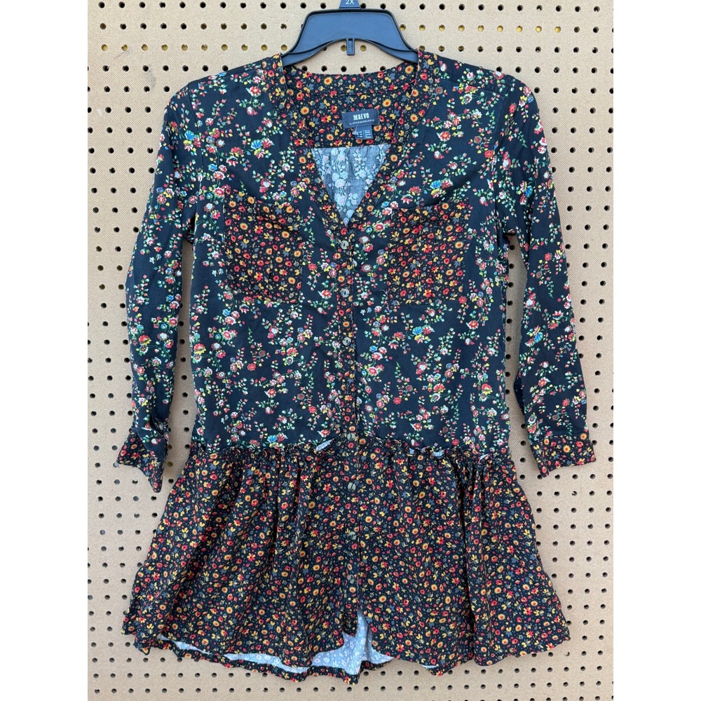 Maeve Anthropologie Mixed Floral Button Front Peplum Tunic Dress Navy 6P